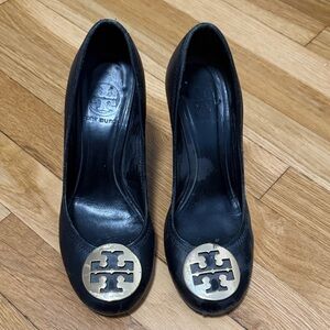 Tory Burch Black Wedges with Gold Logo